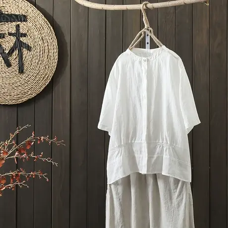 枫谜2021年夏季新款文艺简约棉麻短袖衬衫女宽松立领亚麻上衣衬衣图片