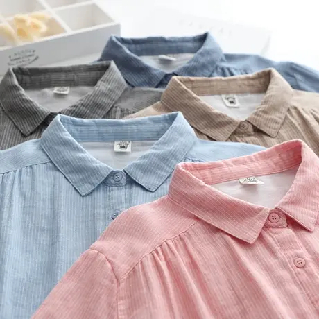 秋装韩版复古文艺内搭双层纱粉蓝条纹长袖衬衫女学生宽松打底衬衣商品大图