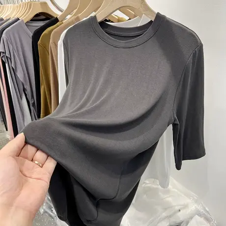 纯色百搭圆领柔软五分中袖T恤女2022早秋新款修身内搭打底衫上衣图片