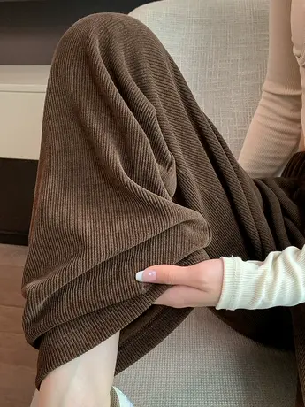 棕色灯芯绒阔腿裤女春秋冬季2023新款爆款高腰垂感宽松直筒休闲裤图片