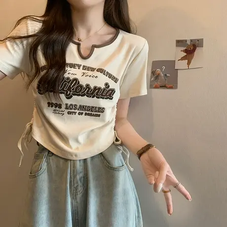 美式复古设计感甜辣妹短袖t恤女夏季新款不规则修身正肩上衣短款商品大图