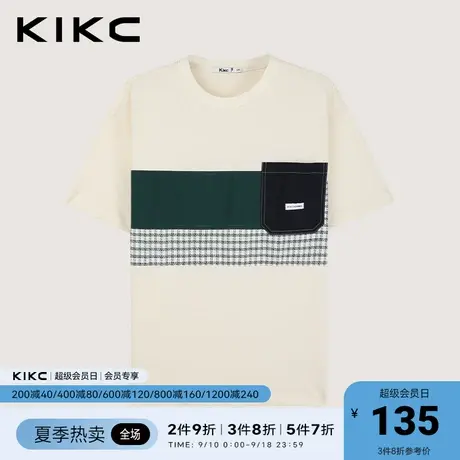 kikc纯棉男t恤2023春夏新款商场同款复古格子撞色拼接宽松短袖商品大图