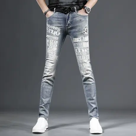 牛仔男春季新款2023个性刺绣潮牌修身小脚蓝色薄款弹力百搭裤子男商品大图