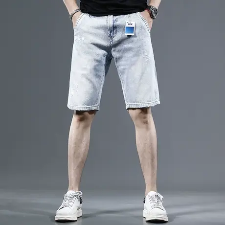 高端五分牛仔裤男2023新款夏季浅蓝色弹力男士直筒薄款休闲短裤男商品大图