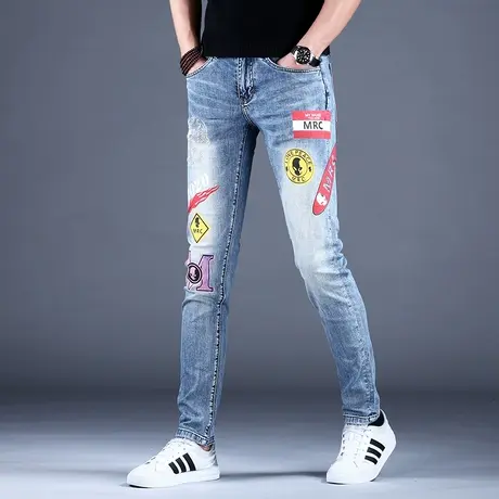 男士刺绣印花牛仔裤男新款高端潮牌修身小脚弹力浅色休闲裤子秋款商品大图