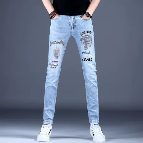 男士高端潮牌烫钻印花牛仔裤男款修身小脚裤子秋款薄款2023休闲裤商品大图