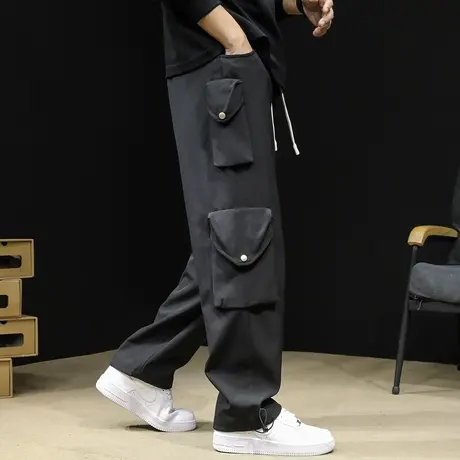 黑色休闲多口袋工装裤男士潮牌2023新款宽松直筒裤子秋款脚口抽绳图片