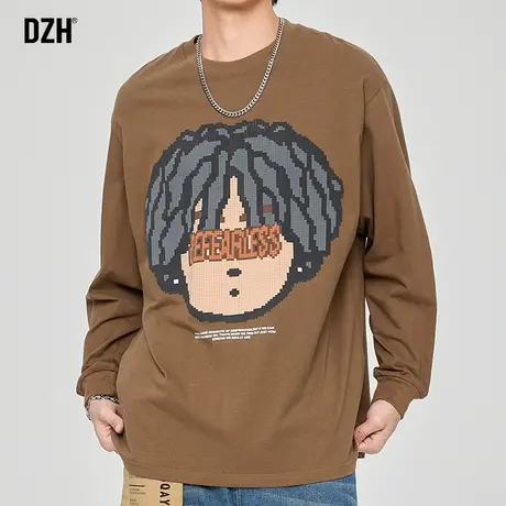 男士咖色纯棉t恤男长袖潮牌纯棉打底衫内搭上衣宽松男装2023新款商品大图