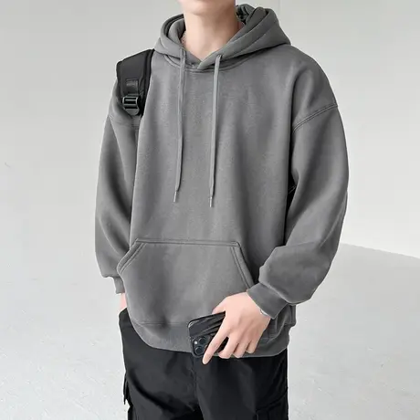 连帽卫衣男2023新款春秋季纯色帽衫男生上衣美式高街宽松痞帅外套商品大图