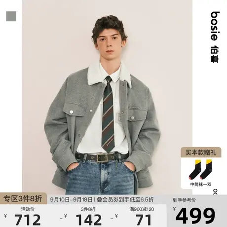 bosie2023冬新款毛呢夹克男情侣仿羊羔毛翻领休闲百搭毛呢短外套商品大图