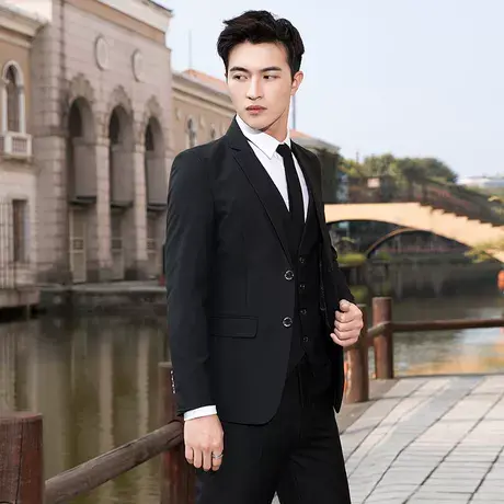 男士西服套装韩版结婚礼服修身伴郎小西装外套毕业服黑职业正装潮商品大图