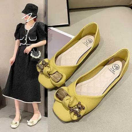 蝴蝶结浅口方头平底单鞋女粗跟金属扣时尚百搭瓢鞋2023夏季新款商品大图