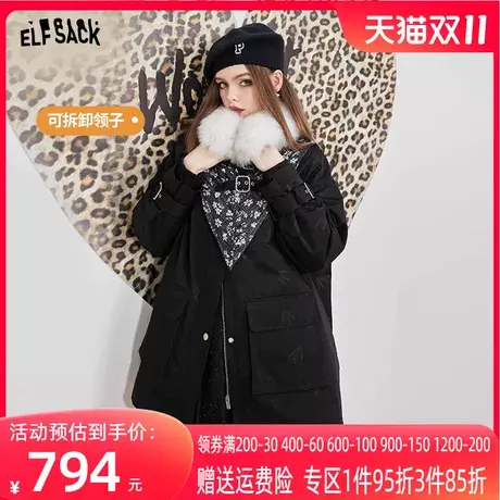 妖精的口袋可拆卸毛领黑色棉衣棉服女2022冬季新款中长款加厚棉袄图片