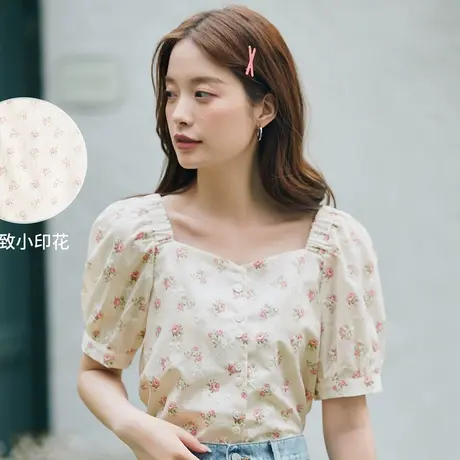 茵曼2023年夏季方领短袖衬衣女夏印花碎花衬衫上衣商品大图