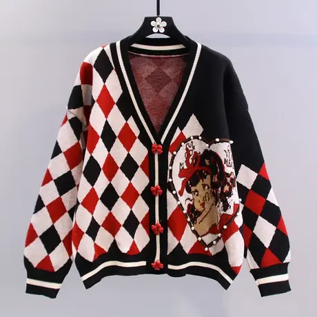 撞色菱形格卡通毛衣外套女秋冬2023年新款宽松慵懒风V领针织开衫图片