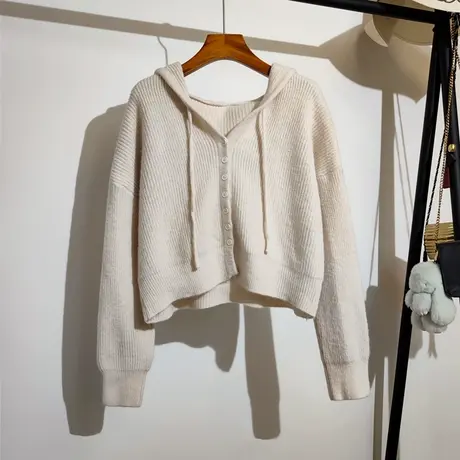 连帽针织开衫女春秋新款设计感小众高腰短款上衣气质长袖毛衣外套商品大图