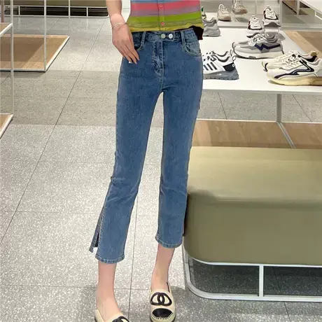 高腰牛仔裤女设计感2023初秋新款女神范裤脚开叉弹力百搭牛仔裤女商品大图