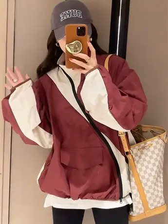 立领拼色斜拉链外套女2023春秋款韩系设计感小众时尚轻薄夹克上衣商品大图