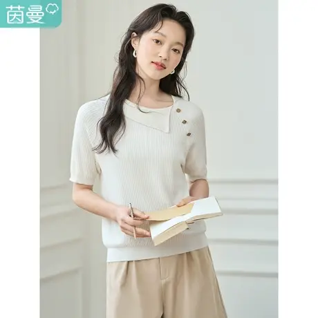 茵曼法式薄款针织衫2023夏女装新款小翻领侧边纽扣百搭宽松上衣图片