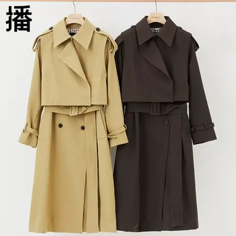 播官方旗舰店秋冬外套女长款宽松休闲大衣通勤两件套气质风衣外套商品大图