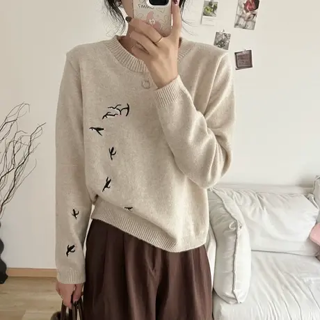 25259-浣熊绒圆领纯色长袖针织套头内搭厚款秋冬上衣女士百搭简约图片