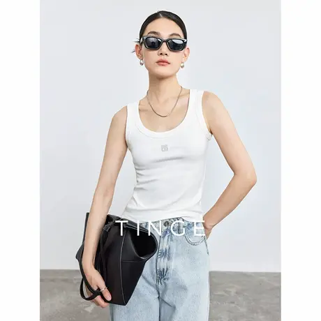 TINGE贴己纯手缝烤漆LOGO方领磨毛背心女纯棉修身打底衫吊带上衣图片