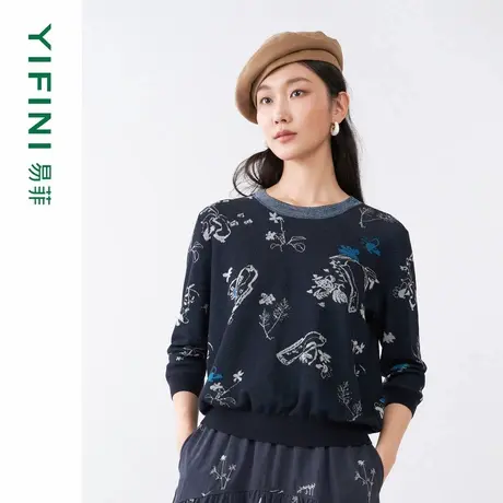[专柜同款]Yifini/易菲文艺提花撞色圆领长袖宽松针织衫女春秋新商品大图