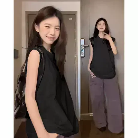 黑色无袖背心夏季外穿美式坎肩女款2025新款宽松显瘦上衣中长t恤图片