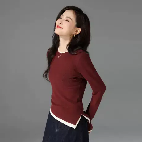 红色打底针织衫女春秋新款不规则设计感长袖t恤圆领上衣修身显瘦商品大图