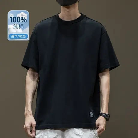 简约纯色纯棉短袖T恤男230G夏季新款宽松大码男士百搭五分袖体恤商品大图