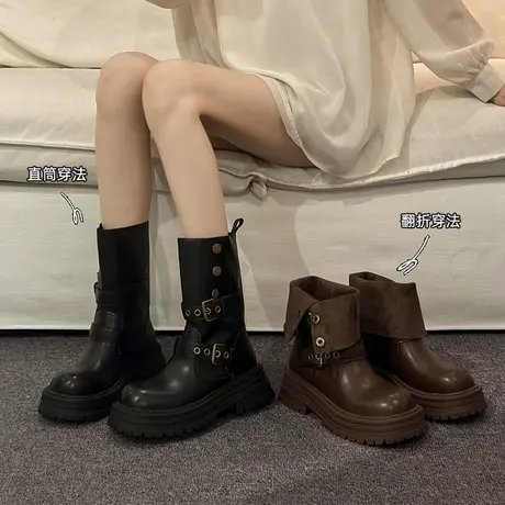 英伦风马丁靴女款2025新款春秋单靴复古女鞋中筒靴子厚底黑色短靴图片