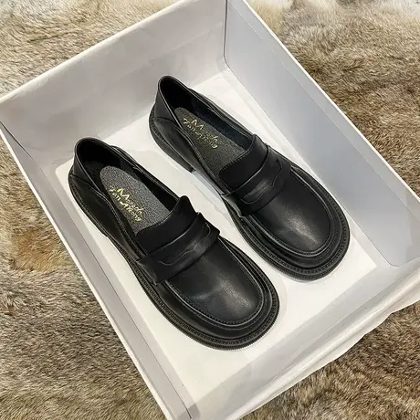 小皮鞋英伦风单鞋女2023新款春秋平底乐福鞋百搭黑色工作鞋一脚蹬商品大图