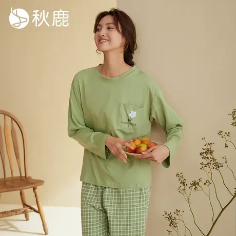 秋鹿纯棉睡衣女春秋季长袖格子长裤印花柔软透气家居服套装可外穿商品大图