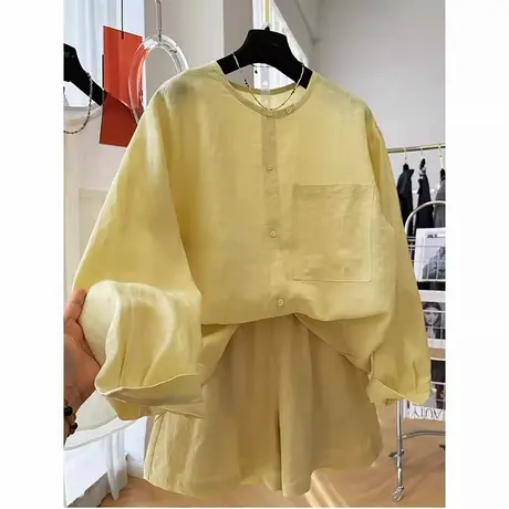 爵莱菲大码高级感纯苎麻长袖衬衫短款两件套时尚套装女夏日绝美商品大图