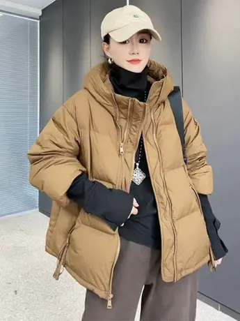 纯色领口双拉链面包服女羽绒服外套新款休闲连帽短款白鸭绒外套潮图片