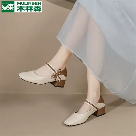 木林森玛丽珍鞋女2025夏季新款法式配裙子小皮鞋粗跟软底舒适凉鞋图片