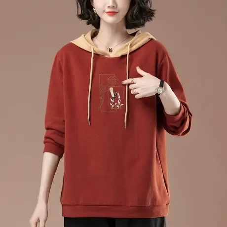 中年妈妈连帽卫衣女春秋薄款加肥加大码女装宽松显瘦百搭刺绣上衣商品大图