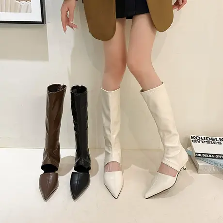 永希长筒靴女夏季2023年新款夏日尖头法式镂空爆款中跟不过膝凉靴图片