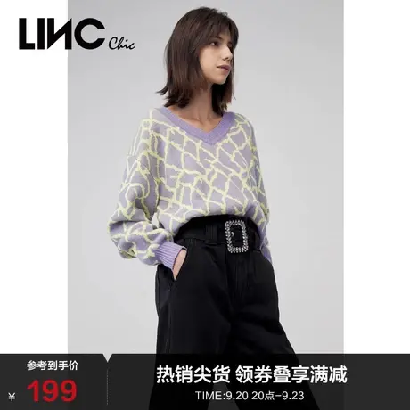 LINCCHIC金羽杰毛衣轻潮多巴胺复古撞色提花v领羊毛毛衣女2031102图片