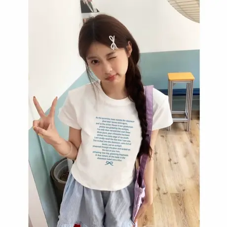 甜美风百搭正肩白色短袖t恤女夏季新款韩系减龄修身显瘦短款上衣图片