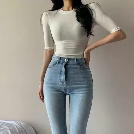 当天发夏微透中袖T丝绵圆领白色紧身性感薄上衣女商品大图