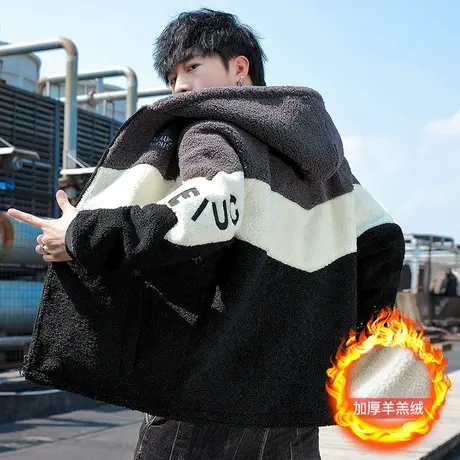 连帽夹克男潮牌颗粒绒秋冬韩版潮流加绒加厚宽松羊羔毛上衣服外套商品大图