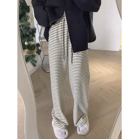 条纹阔腿拖地长裤女初秋洋气减龄百搭高腰宽松运动休闲直筒裤潮商品大图