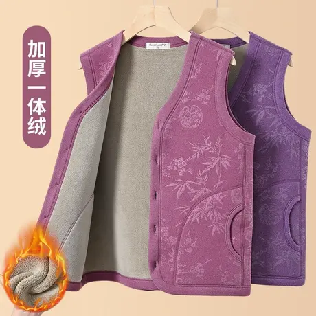 妈妈保暖背心女无袖开衫加厚马甲中老年奶奶冬季打底加绒保暖上衣商品大图