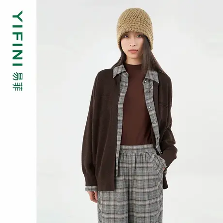 [专柜同款]Yifini/易菲2025秋季新款假两件拼接格纹宽松针织开衫商品大图
