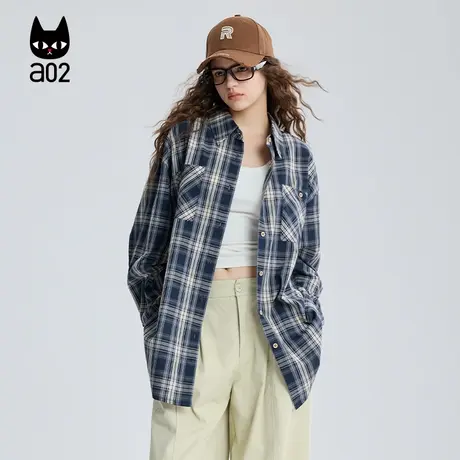 a02蓝白格子衬衫女2025新款秋季宽松连帽衬衣外套通勤穿搭上衣图片