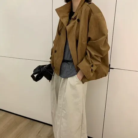 2025秋新韩版宽松显瘦百搭立领双排扣麂皮绒外套女时尚短夹克上衣商品大图