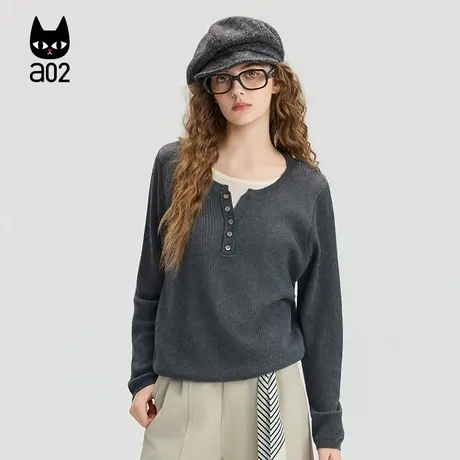 a02灰色圆领简约休闲毛衣女2025新款秋季设计感开衫上衣通勤穿搭商品大图