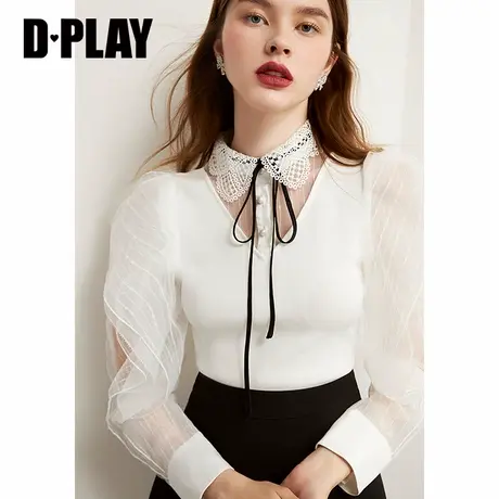 DPLAY德帕拉新款白色长袖针织衬衫娃娃领透视蝴蝶结小心机上衣商品大图