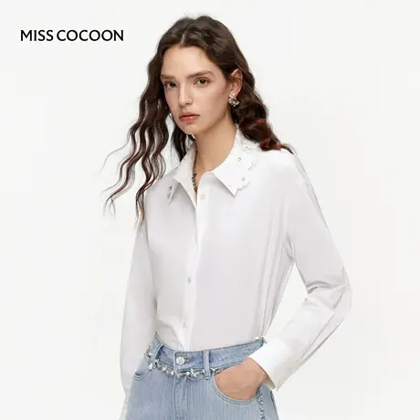 【七七酱专享】MISSCOCOON白色短款蕾丝翻领衬衫薄款上衣商品大图